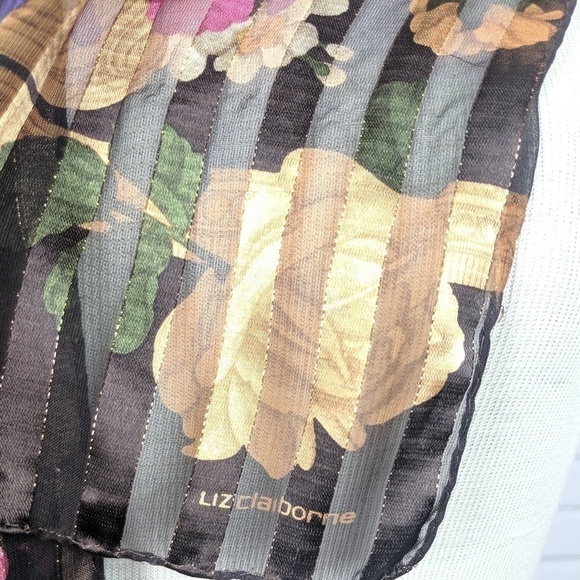 Liz Claiborne Satin Brown & Gold Floral Scarf - Picture 2 of 6